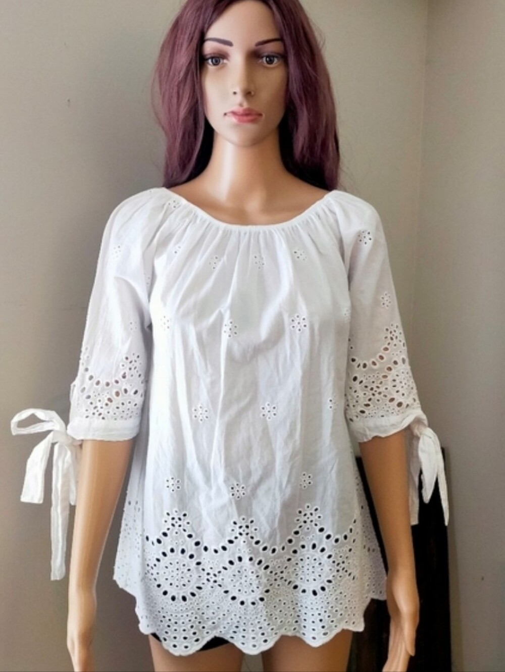 Valentina Naldi White Eyelet Tie Half Sleeves Women's Top Peasant Blouse Tunic
